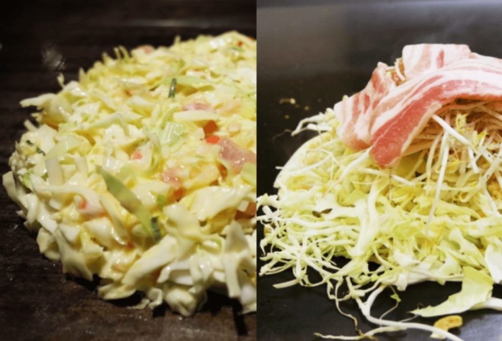 Kansai style okonomiyaki and Hiroshima style okonomiyaki in the process of cooking