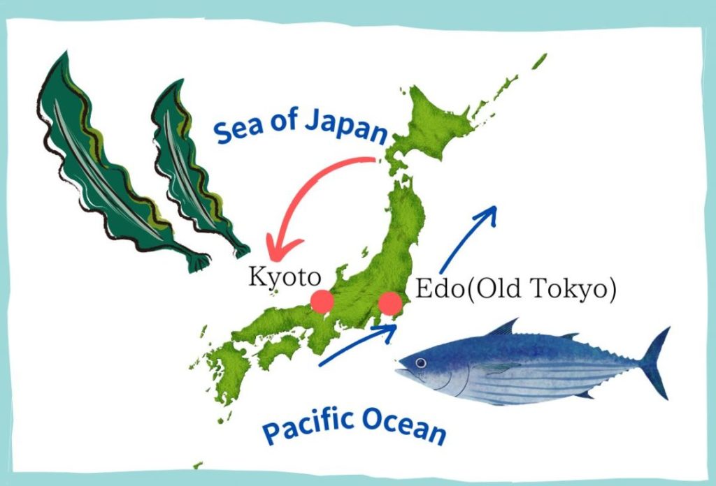 Map of Japan indicating why Edo could get bonito and Kyoto could get kelp
