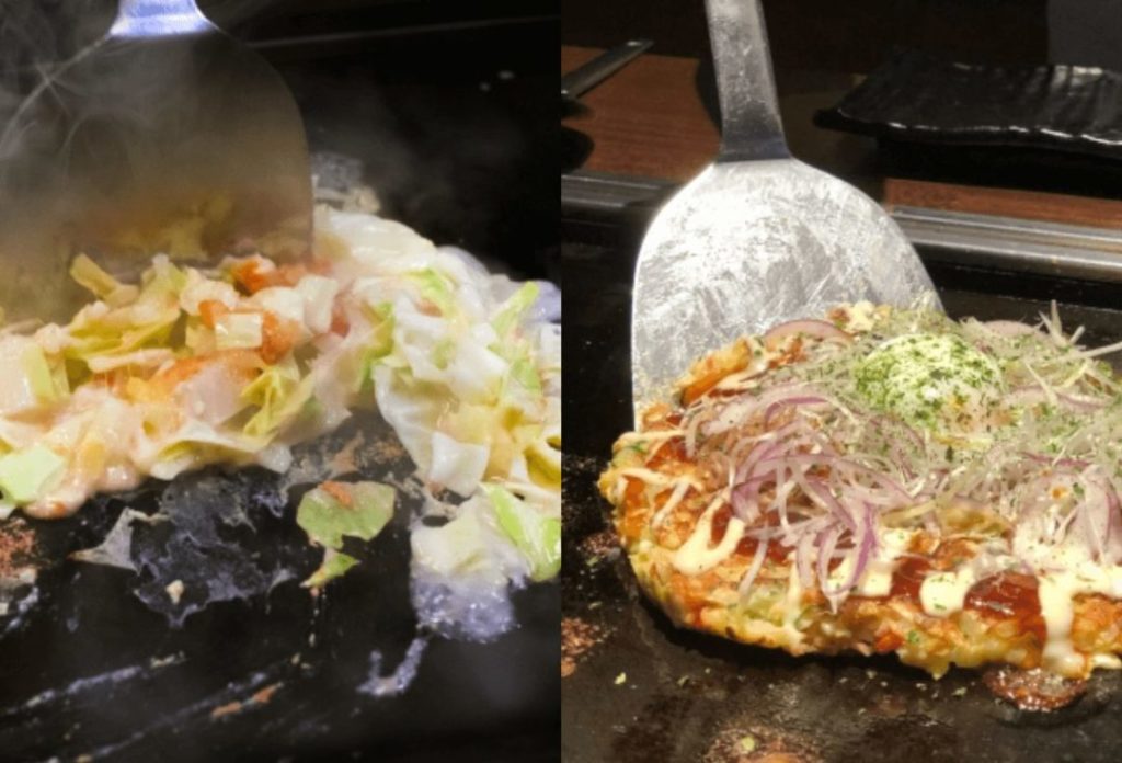 Monjayaki and okonomiyaki in the process of cooking