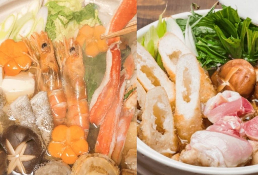 A hot pot of nabe with shrimp, chicken and vegetables