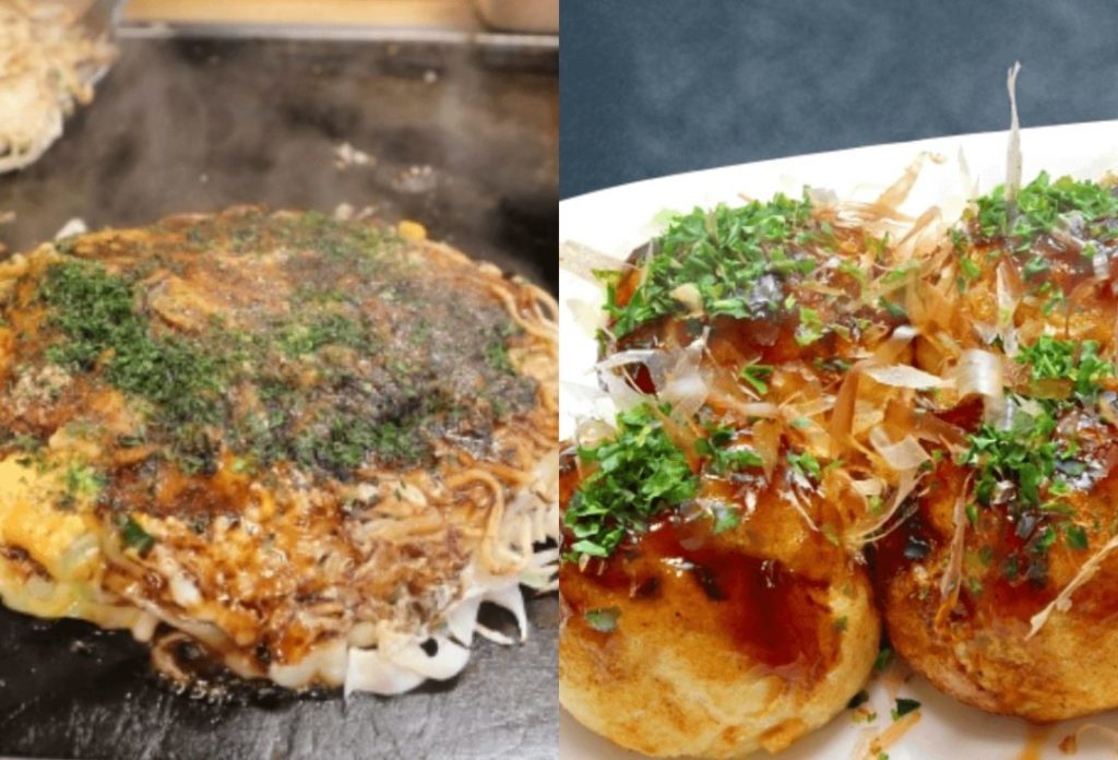 Okonomiyaki and takoyaki on a plate