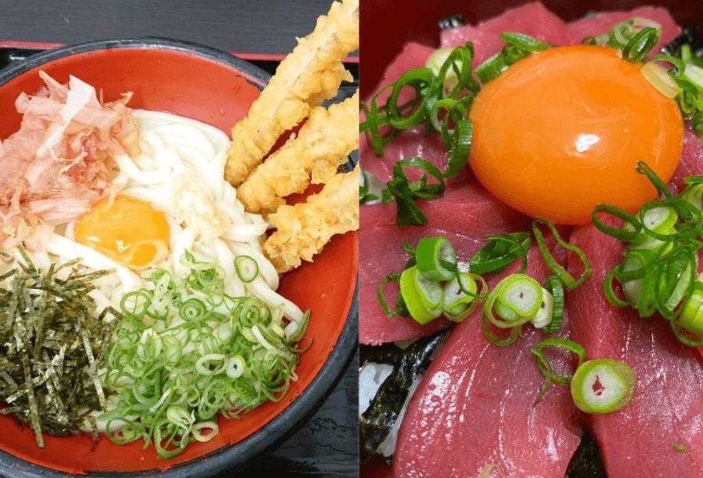 Udon (thick Japanese wheat noodles) with raw egg and seafood rice bowl with raw egg