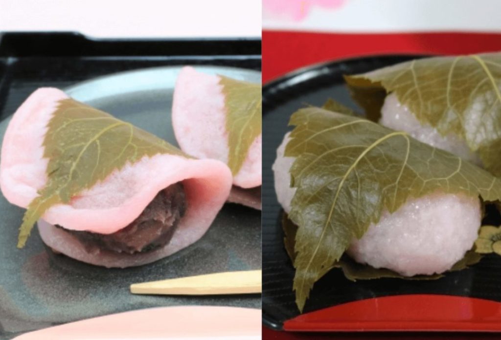 Kanto style sakura mochi and Kansai style sakura mochi on a plate