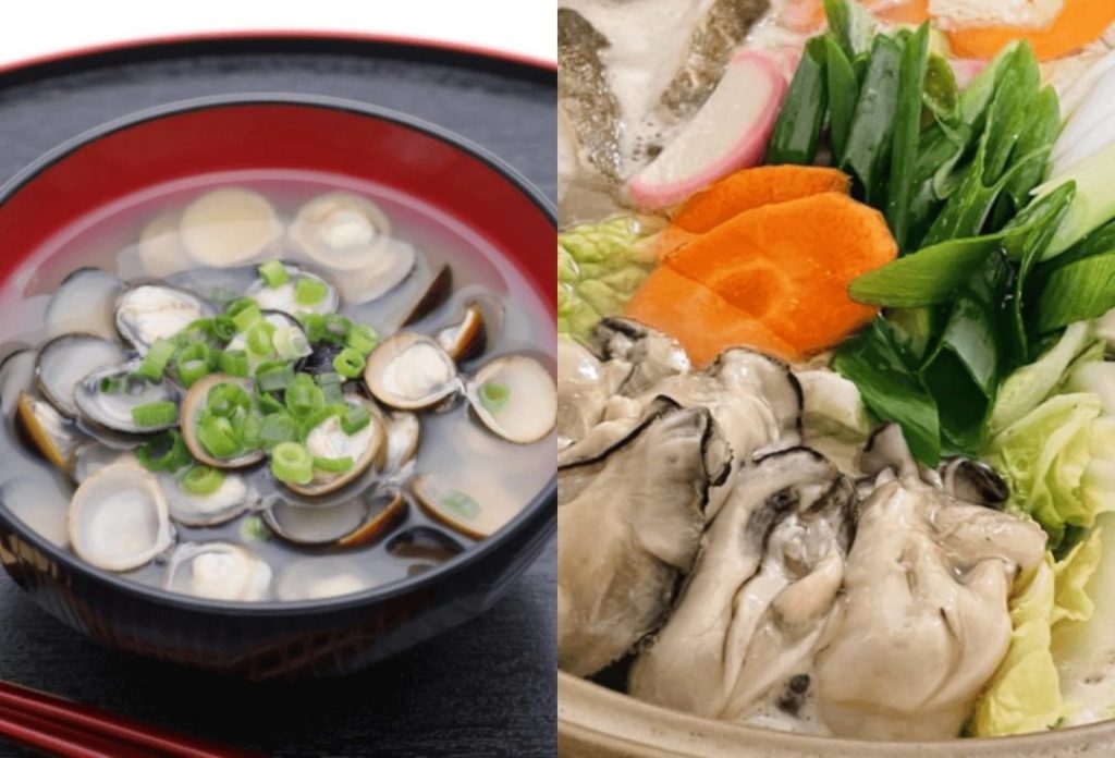 A hot pot of nabe with shellfish and vegetables