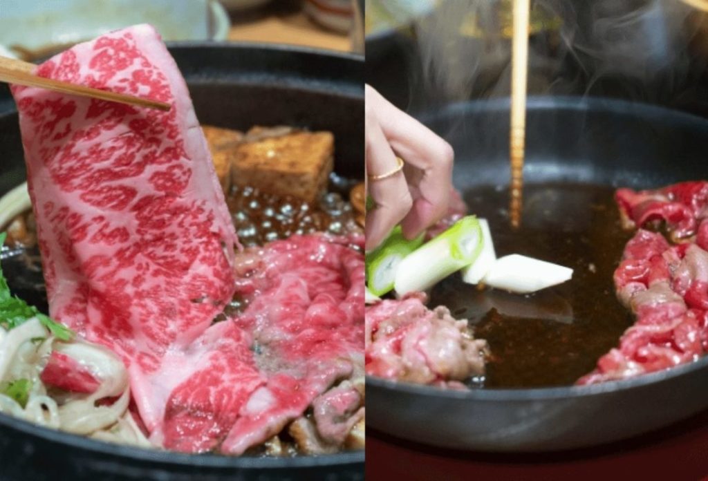 Kanto style sukiyaki and Kansai style sukiyaki in the process of cooking