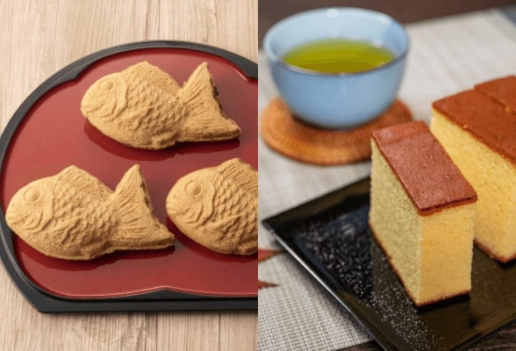 Taiyaki and sliced castella are on a plate