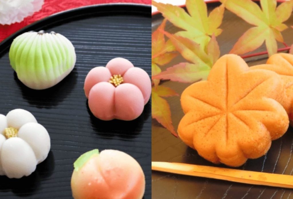 Several colorful wagashi are on a plate