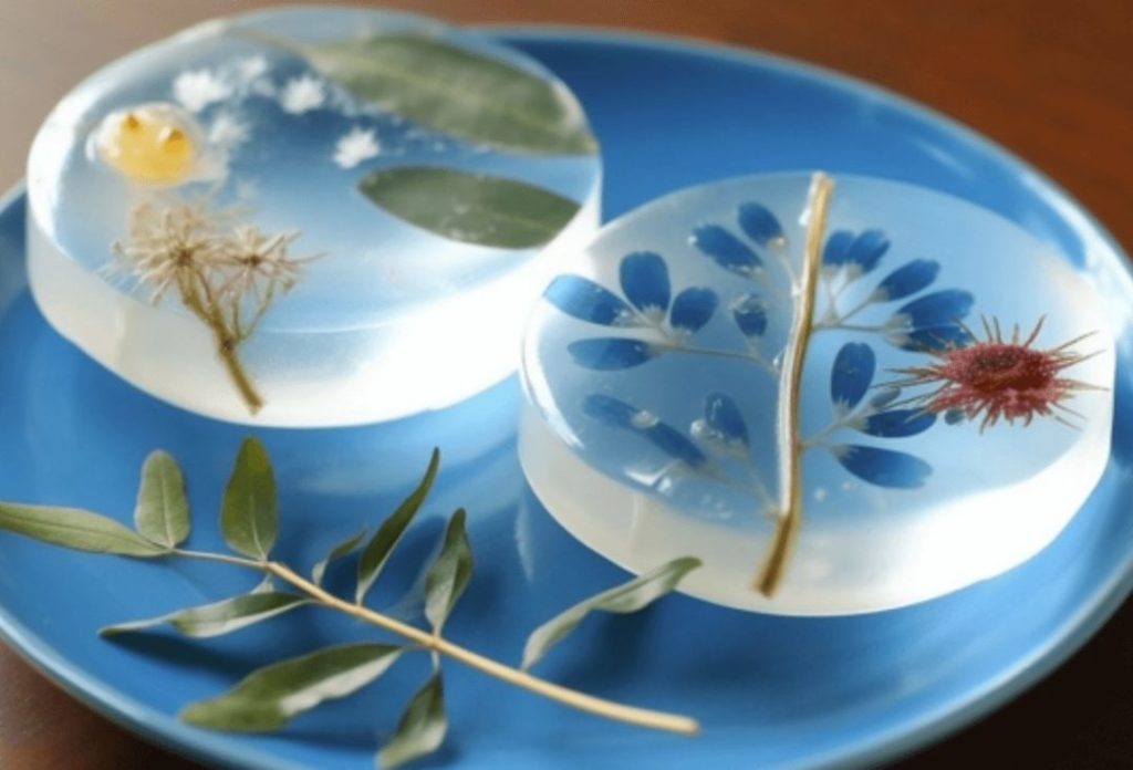 Two Jelly including edible flowers are on a blue plate