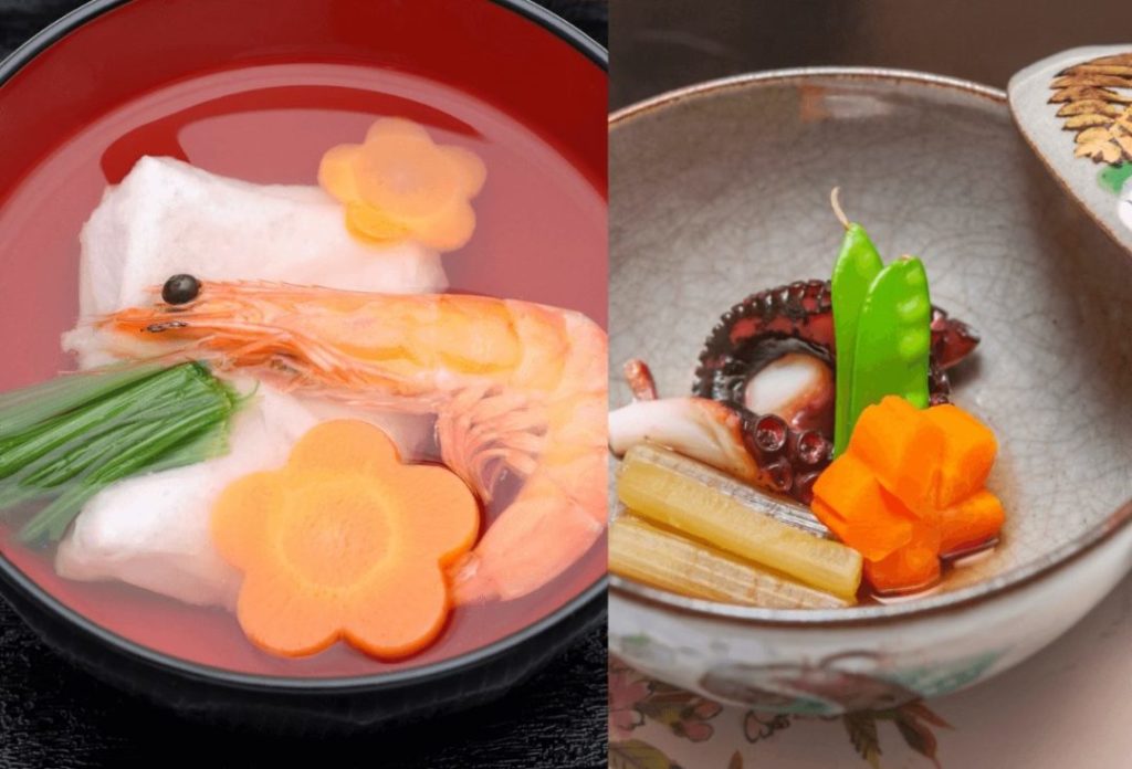 Japanese traditional foods made with seafood and vegetables
