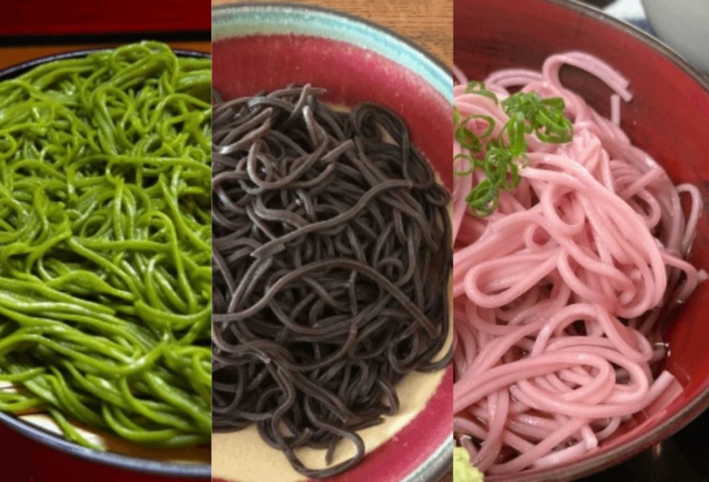 Soba kneaded with matcha, soba with Black sesame and soba with pickled plum