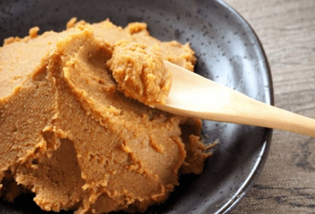 Awase miso (mixed miso made with red miso and white miso) paste in a deep dish