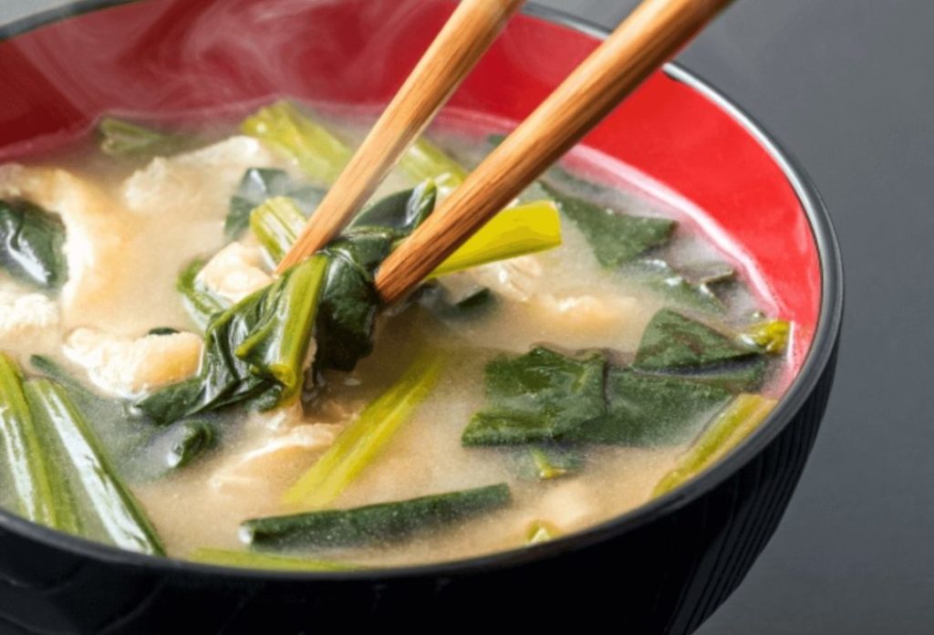 Miso soup with komatsuna(Japanese mustard spinach) and fried tofu