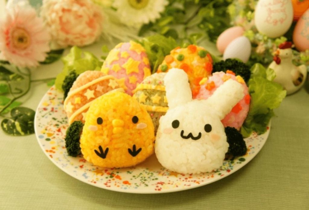 Chick and rabbit shaped character rice balls