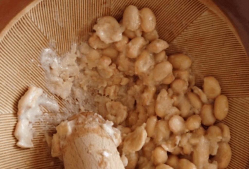 Soybeans ground in a mortar