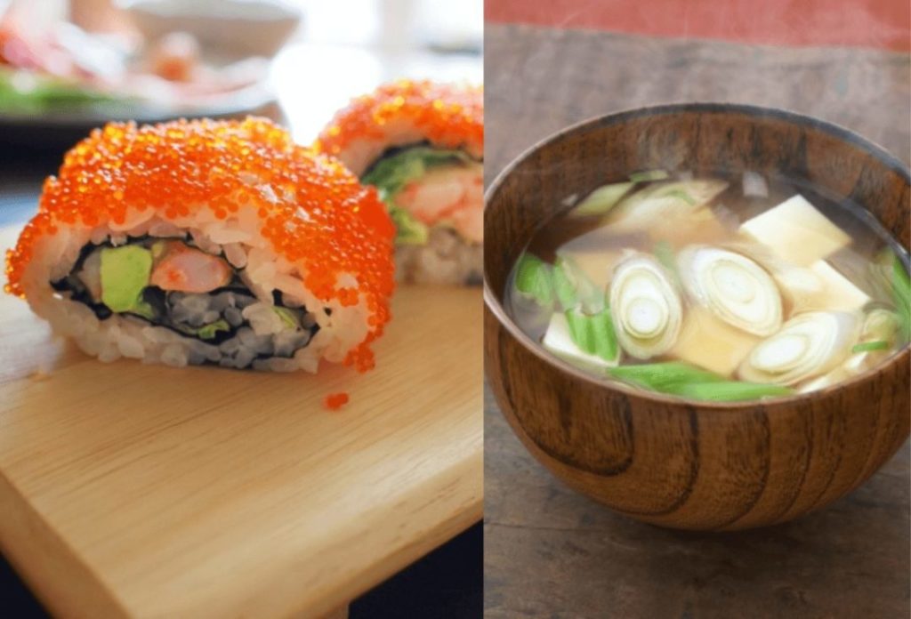 Sushi and miso soup served together