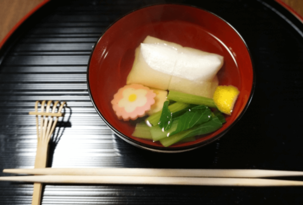 Zouni (traditional New Year's soup with rice cakes and fish cakes etc.)